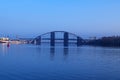 KYIV, UKRAINE Ã¢â¬â 16 November 2016: Morning view to the unfinished bridge. City landscape. Podolsko-Voskresenskij bridge Royalty Free Stock Photo